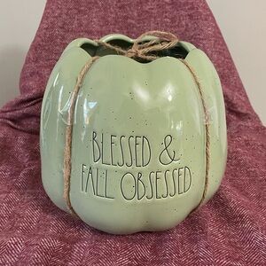 Rae Dunn jade green “Blessed and Fall Obsessed” pumpkin planter.